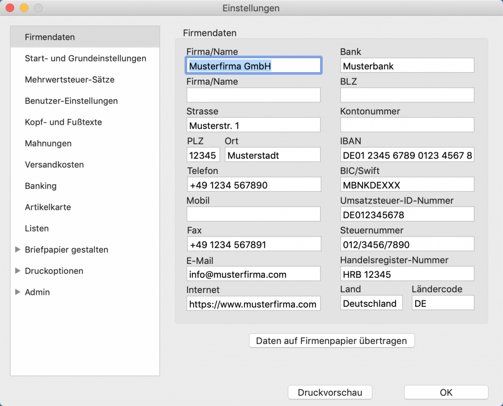 Einstellungen Firmendaten