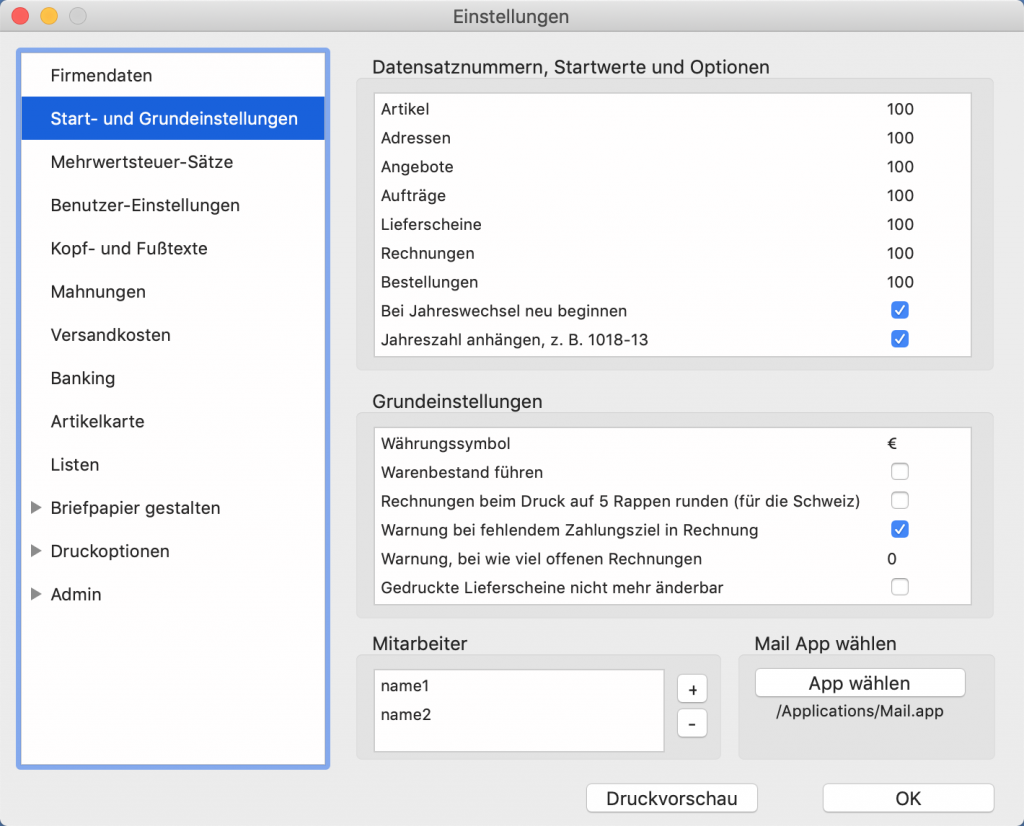 Einstellungen - Start- und Grundeinstellungen