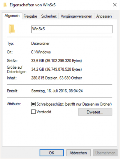 Eigenschaften von WinSxS